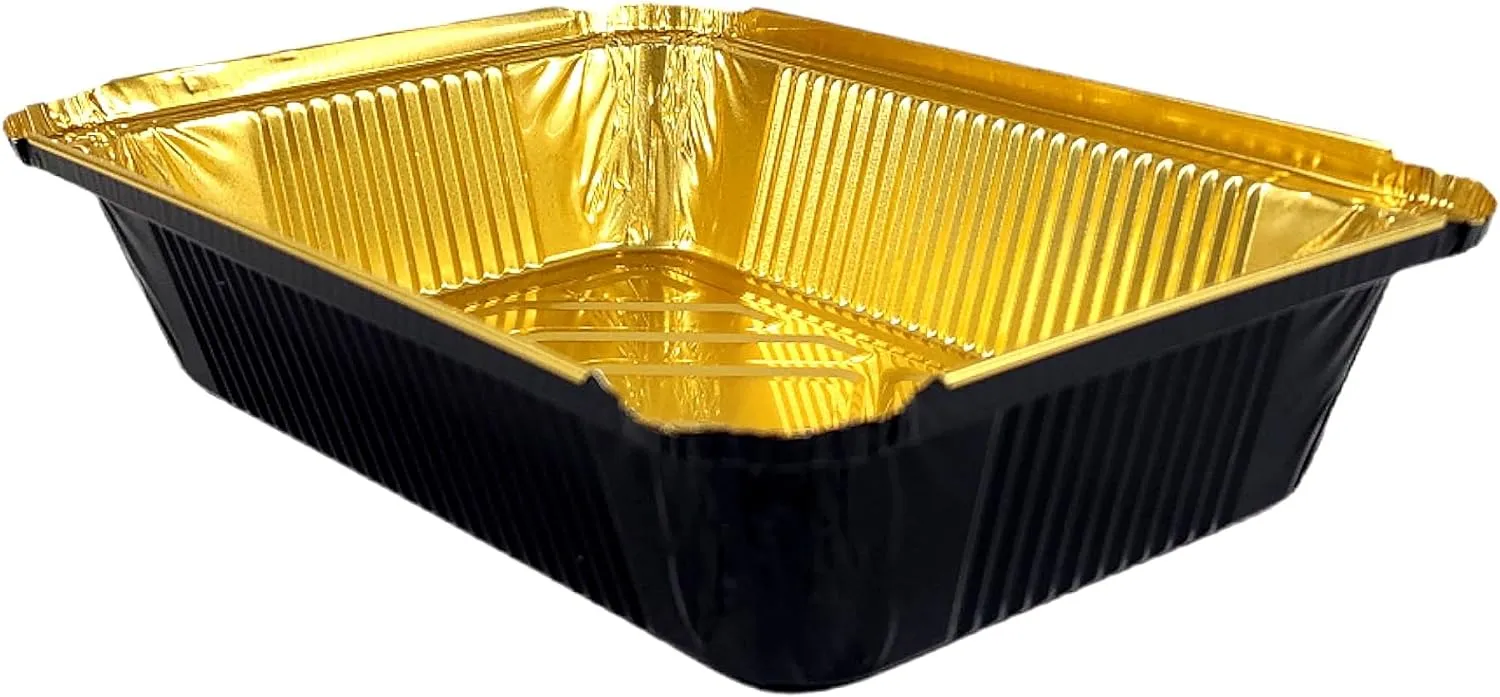 2 1/4 lb. Oblong Black & Gold Aluminum Foil Pans Take Out Heavy Duty Containers W/Board Lids 500/CS