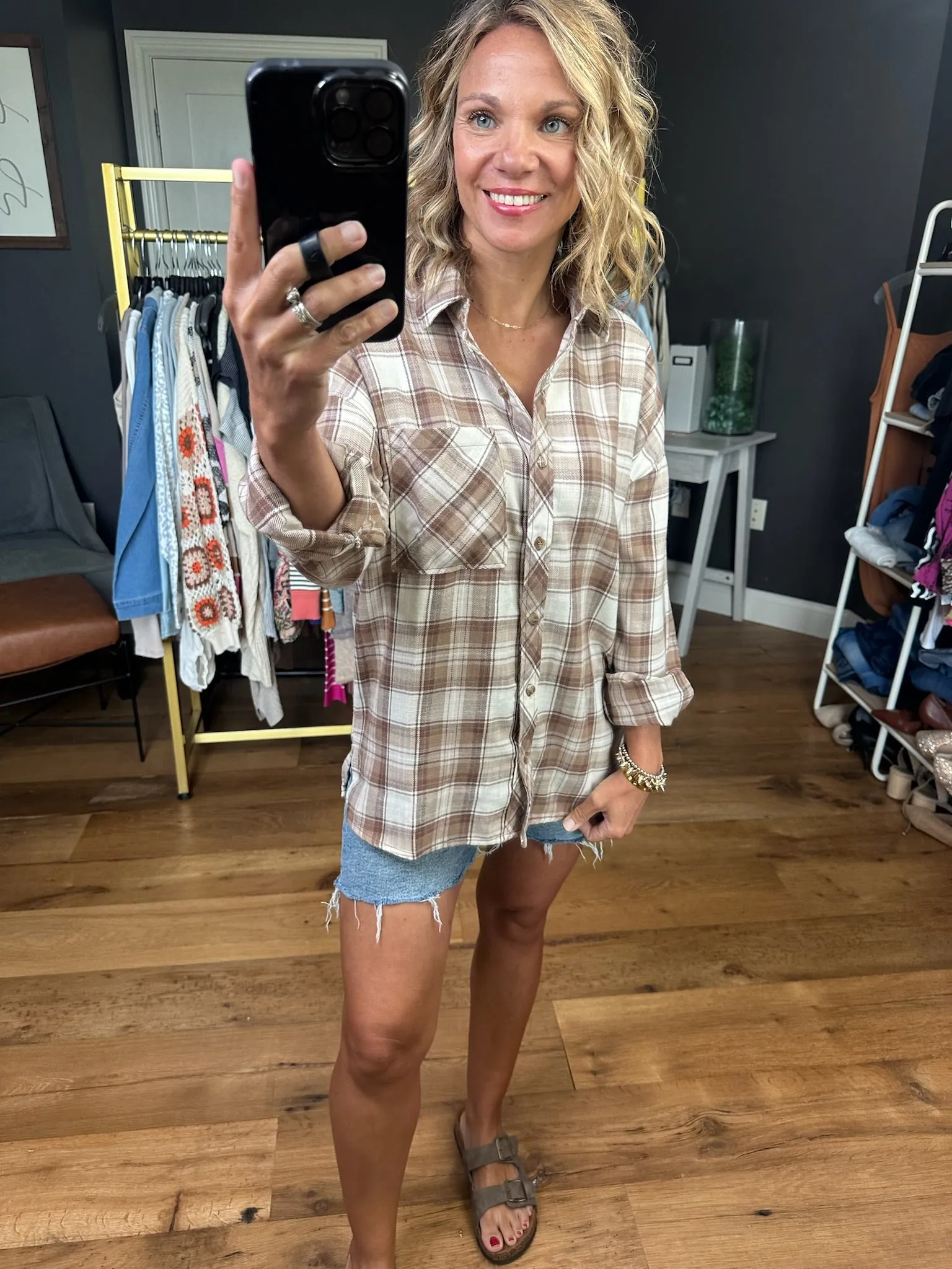 Visions of Fall Plaid Button-Down Top - Mocha