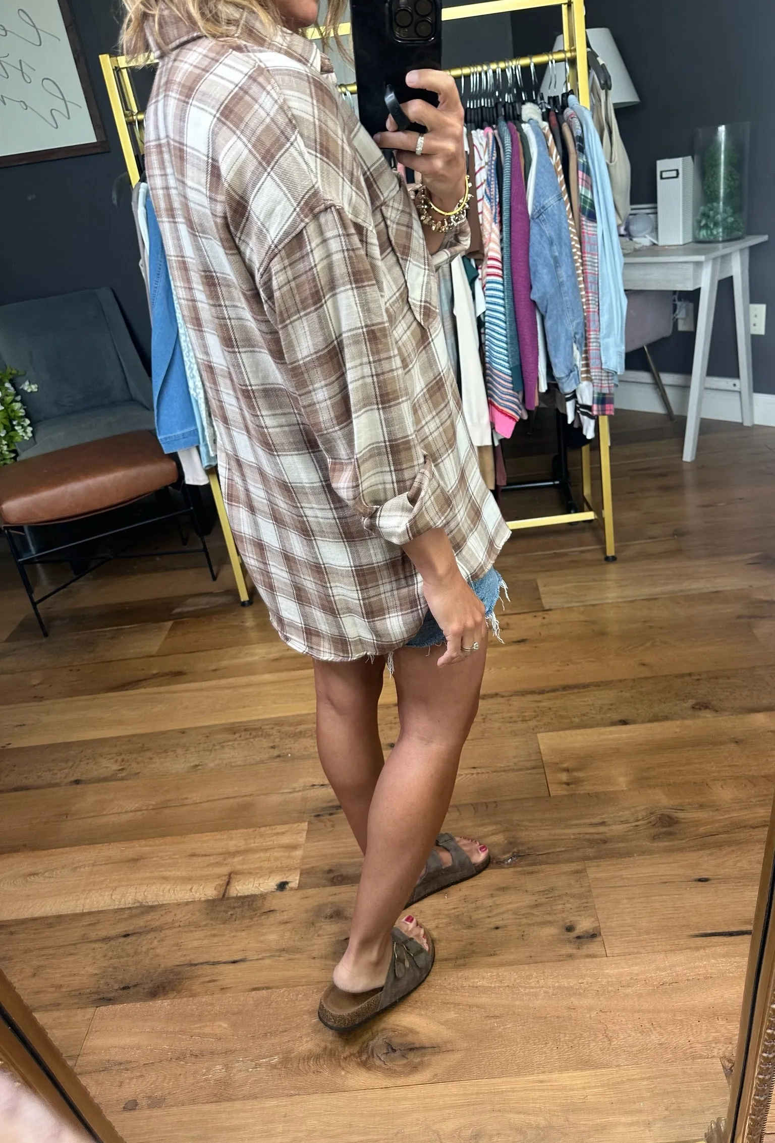 Visions of Fall Plaid Button-Down Top - Mocha