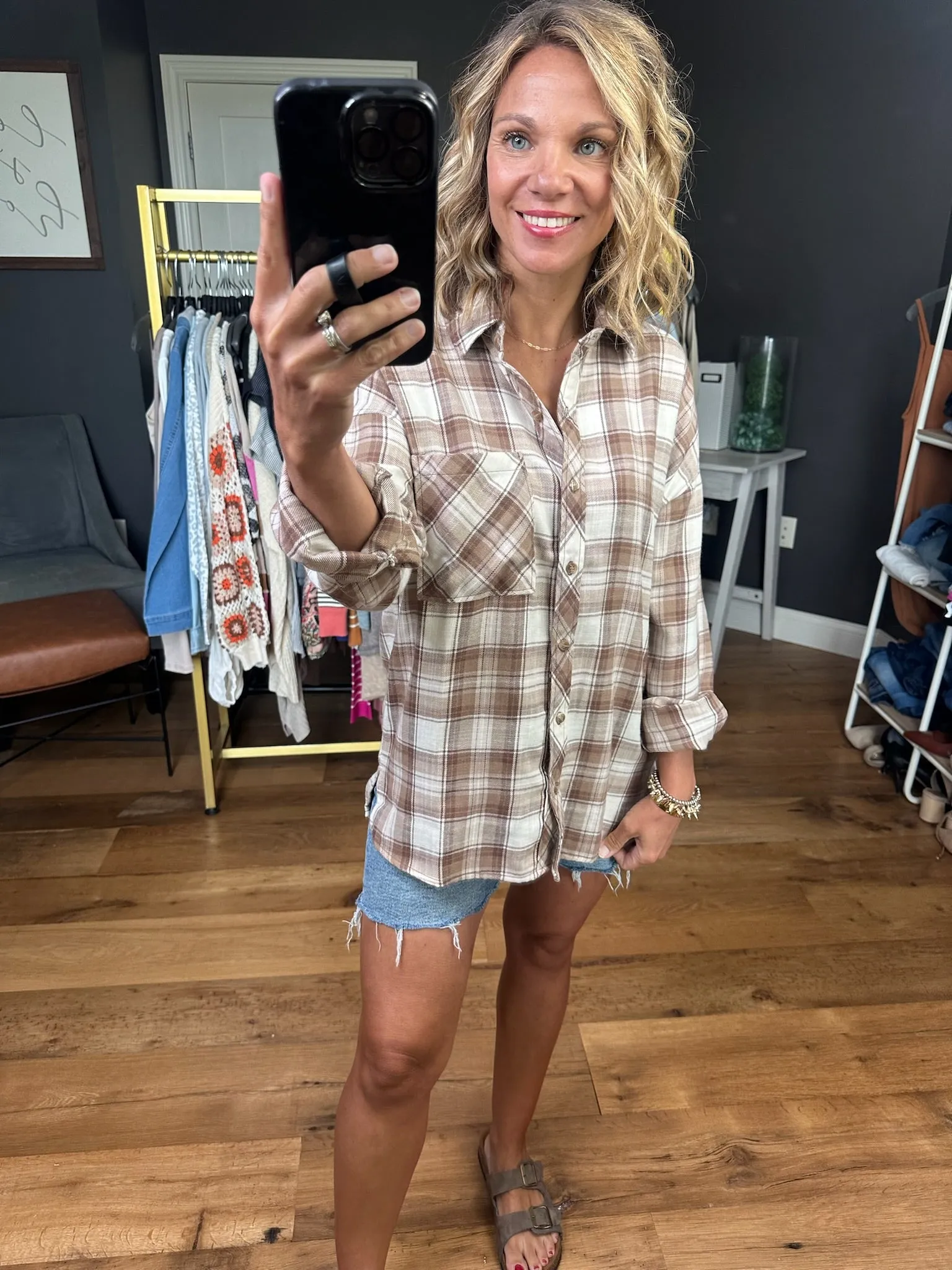Visions of Fall Plaid Button-Down Top - Mocha